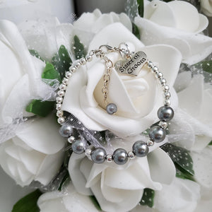 Handmade sister of the groom silver accented pearl charm bracelet - dark grey or custom color - Sister of the Groom Bracelet - Bridal Bracelets