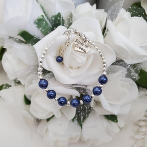 Handmade sister of the groom silver accented pearl charm bracelet - dark blue or custom color - Sister of the Groom Bracelet - Bridal Bracelets