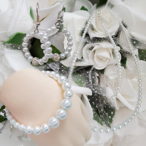 handmade pearl necklace with a 6 inch backdrop accompanied by a matching bracelet and a pair of hoop earrings, white or custom color - Jewelry Sets - Bridal Sets - Bride Jewelry