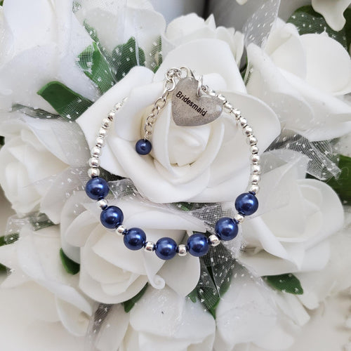 Handmade bridesmaid silver accented pearl charm bracelet - dark blue or custom color - Bridal Party Gifts - Bridesmaid Gift