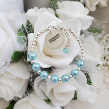Load image into Gallery viewer, Handmade bridesmaid silver accented pearl charm bracelet - light blue or custom color - Bridal Party Gifts - Bridesmaid Gift