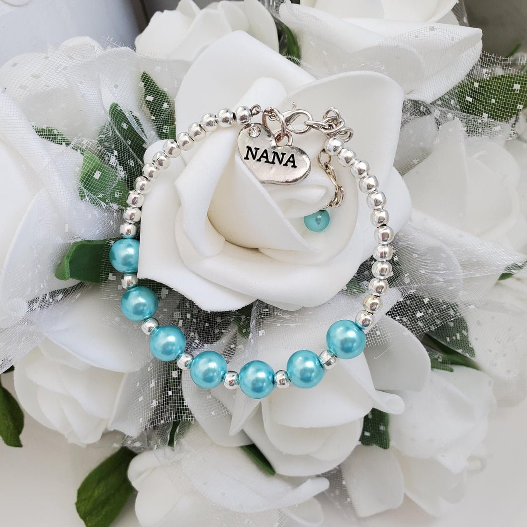 Handmade Nana Silver Accented Pearl Charm Bracelet - aquamarine blue or custom color - Nana Pearl Bracelet - Nana Bracelet - Nana Gift