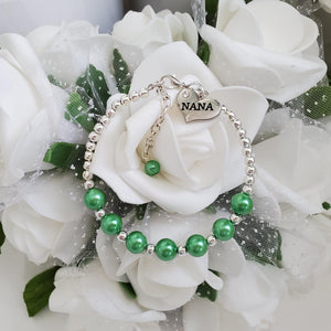 Handmade Nana Silver Accented Pearl Charm Bracelet - green or custom color - Nana Pearl Bracelet - Nana Bracelet - Nana Gift