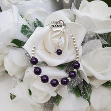 Load image into Gallery viewer, Handmade Nana Silver Accented Pearl Charm Bracelet - dark purple or custom color - Nana Pearl Bracelet - Nana Bracelet - Nana Gift