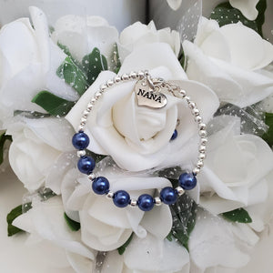 Handmade Nana Silver Accented Pearl Charm Bracelet - dark blue or custom color - Nana Pearl Bracelet - Nana Bracelet - Nana Gift