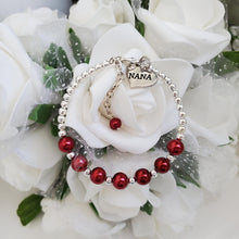 Load image into Gallery viewer, Handmade Nana Silver Accented Pearl Charm Bracelet - bordeaux red or custom color - Nana Pearl Bracelet - Nana Bracelet - Nana Gift