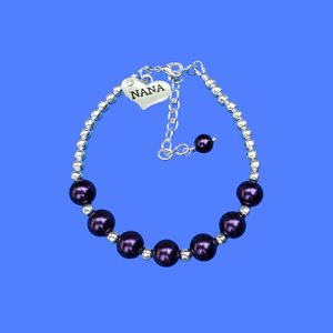 Handmade Nana Silver Accented Pearl Charm Bracelet - dark purple or custom color - Nana Pearl Bracelet - Nana Bracelet - Nana Gift