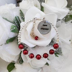 Handmade maid of honor silver accented pearl charm bracelet - bordeaux red or custom color - Maid of Honor Pearl Bracelet - Maid of Honor Gift