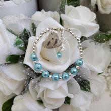Load image into Gallery viewer, Handmade maid of honor silver accented pearl charm bracelet - aquamarine blue or custom color - Maid of Honor Pearl Bracelet - Maid of Honor Gift