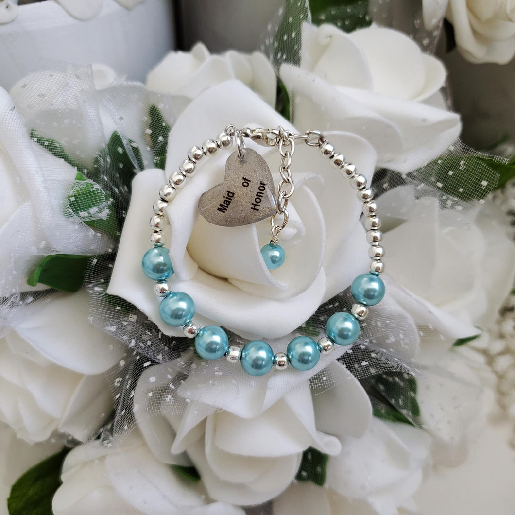 Handmade maid of honor silver accented pearl charm bracelet - aquamarine blue or custom color - Maid of Honor Pearl Bracelet - Maid of Honor Gift