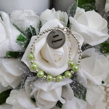 Load image into Gallery viewer, Handmade maid of honor silver accented pearl charm bracelet - light green or custom color - Maid of Honor Pearl Bracelet - Maid of Honor Gift