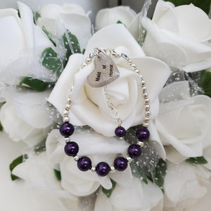 Handmade maid of honor silver accented pearl charm bracelet - dark purple or custom color - Maid of Honor Pearl Bracelet - Maid of Honor Gift