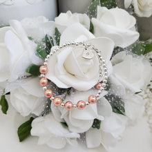 Load image into Gallery viewer, Handmade monogram silver accented pearl charm bracelet - powder orange or custom color -Monogram Bracelet - Pearl Bracelet - Bracelets