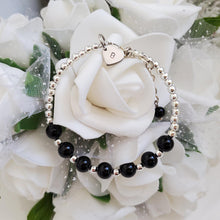 Load image into Gallery viewer, Handmade monogram silver accented pearl charm bracelet - black or custom color -Monogram Bracelet - Pearl Bracelet - Bracelets