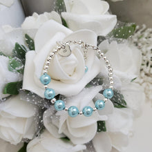 Load image into Gallery viewer, Handmade monogram silver accented pearl charm bracelet - light blue or custom color -Monogram Bracelet - Pearl Bracelet - Bracelets 