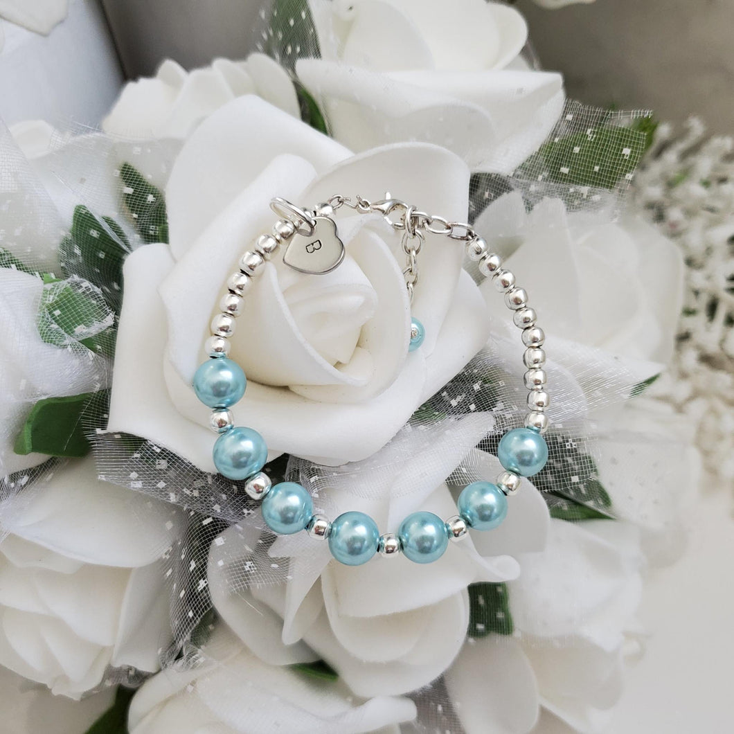 Handmade monogram silver accented pearl charm bracelet - light blue or custom color -Monogram Bracelet - Pearl Bracelet - Bracelets 