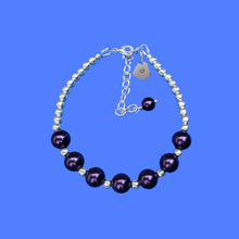 Load image into Gallery viewer, monogram silver accented pearl charm bracelet, dark purple or custom color