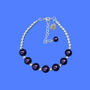 monogram silver accented pearl charm bracelet, dark purple or custom color
