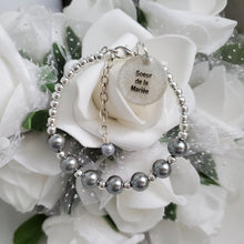 Load image into Gallery viewer, Handmade sister of the bride silver accented pearl charm bracelet, dark grey or custom color - Sister of the Bride Pearl Bracelet - Bridal Bracelets