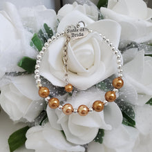 Load image into Gallery viewer, Handmade sister of the bride silver accented pearl charm bracelet, copper or custom color - Sister of the Bride Pearl Bracelet - Bridal Bracelets