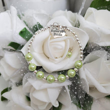 Load image into Gallery viewer, Handmade sister of the bride silver accented pearl charm bracelet, light green or custom color - Sister of the Bride Pearl Bracelet - Bridal Bracelets