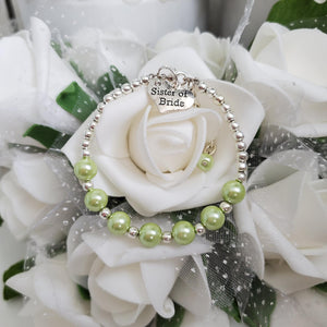 Handmade sister of the bride silver accented pearl charm bracelet, light green or custom color - Sister of the Bride Pearl Bracelet - Bridal Bracelets