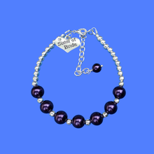Load image into Gallery viewer, sister of the bride silver accented pearl charm bracelet, dark purple or custom color - Sister of the Bride Pearl Bracelet - Bridal Bracelets