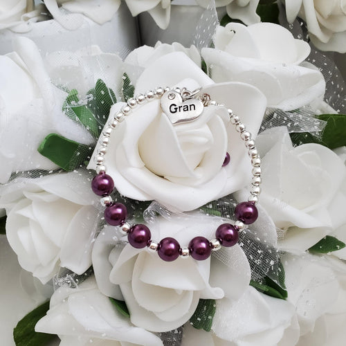 Handmade gran silver accented pearl charm bracelet, burgundy red or custom color - New Gran Gifts - Gran Gift - Gran Present
