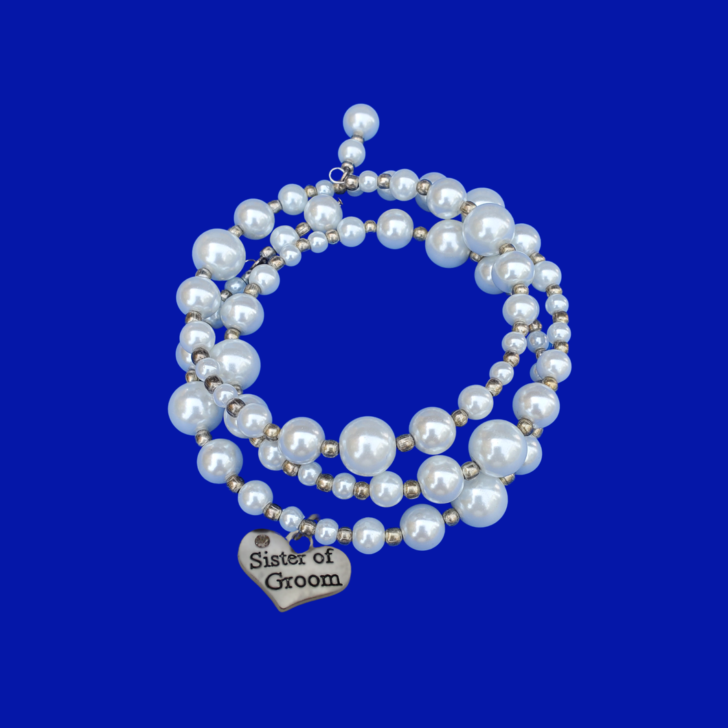 Sister of the Groom Expandable Multi Layer Wrap Pearl Charm Bracelet, white or custom color