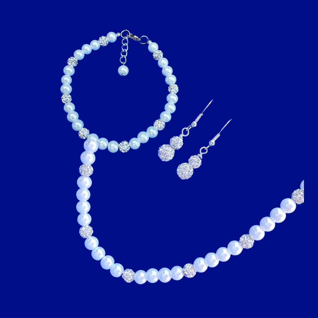 handmade pearl and crystal necklace accompanied by a matching bracelet and a pair of crystal drop earrings