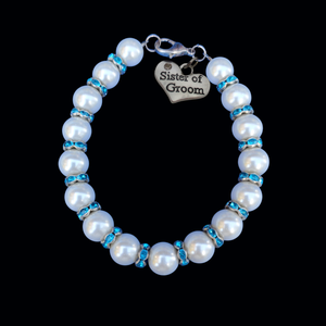 Sister of the Groom Pearl Crystal Rhinestone Charm Bracelet, custom color