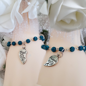 A set of 2 handmade best friends pave crystal rhinestone charm bracelets - blue zircon or custom color - Best Friend Present - BFF Bracelets - Best Friend Gift