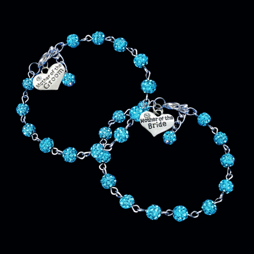 set of 2 bracelets, mother of the bride and groom crystal charm bracelets, aquamarine blue or custom color