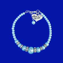 Load image into Gallery viewer, mother of the bride pearl crystal charm bracelet, light blue or custom color