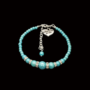 mother of the bride pearl crystal charm bracelet, aquamarine blue or custom color