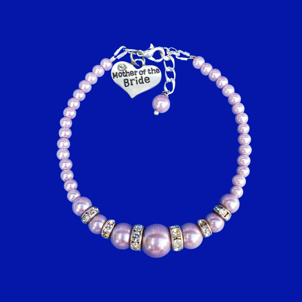 mother of the bride pearl crystal charm bracelet, lavender purple or custom color