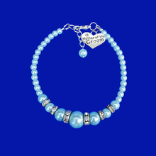 Load image into Gallery viewer, Mother of the Groom Pearl and Crystal Charm Bracelet, light blue or custom color