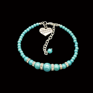 handmade mother of the groom pearl and crystal charm bracelet, aquamarine blue or custom color