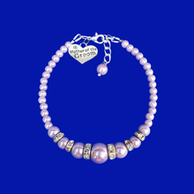 Load image into Gallery viewer, Mother of the Groom Pearl and Crystal Charm Bracelet, lavender purple or custom color
