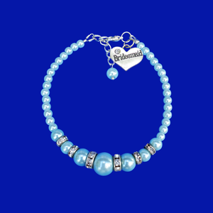 Bridesmaid Bracelet-Bridesmaid Jewelry-Bridesmaid Gift, handmade bridesmaid pearl and crystal charm bracelet, light blue or custom color