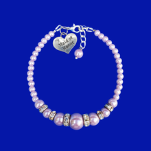 Load image into Gallery viewer, handmade maid of honor pearl and crystal charm bracelet, lavender purple or custom color