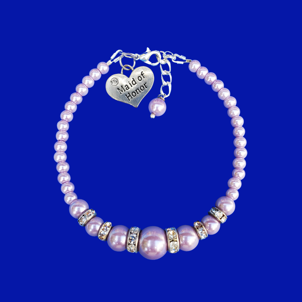 handmade maid of honor pearl and crystal charm bracelet, lavender purple or custom color