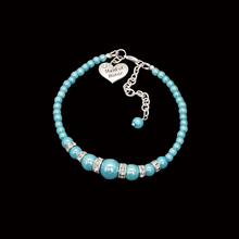 Load image into Gallery viewer, handmade maid of honor pearl and crystal charm bracelet, aquamarine blue or custom color