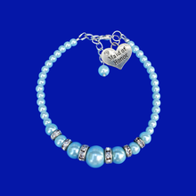 Load image into Gallery viewer, handmade maid of honor pearl and crystal charm bracelet, light blue or custom color