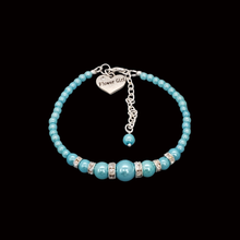 Load image into Gallery viewer, Flower Girl Gift - Best Flower Girl Gifts - handmade flower girl pearl and crystal charm bracelet, aquamarine blue or custom color