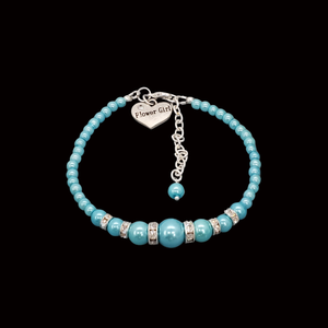 Flower Girl Gift - Best Flower Girl Gifts - handmade flower girl pearl and crystal charm bracelet, aquamarine blue or custom color