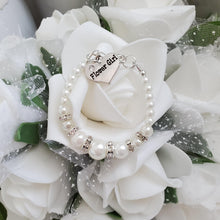 Load image into Gallery viewer, Handmade flower girl pearl and crystal charm bracelet, ivory or custom color - Flower Girl Gift - Best Flower Girl Gifts