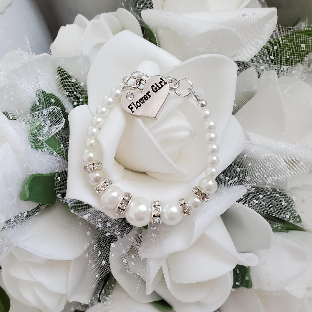 Handmade flower girl pearl and crystal charm bracelet, ivory or custom color - Flower Girl Gift - Best Flower Girl Gifts
