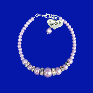 handmade nana pearl and crystal charm bracelet, lavender purple or custom color