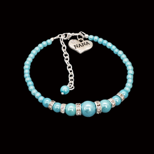 Load image into Gallery viewer, handmade nana pearl and crystal charm bracelet, aquamarine blue or custom color